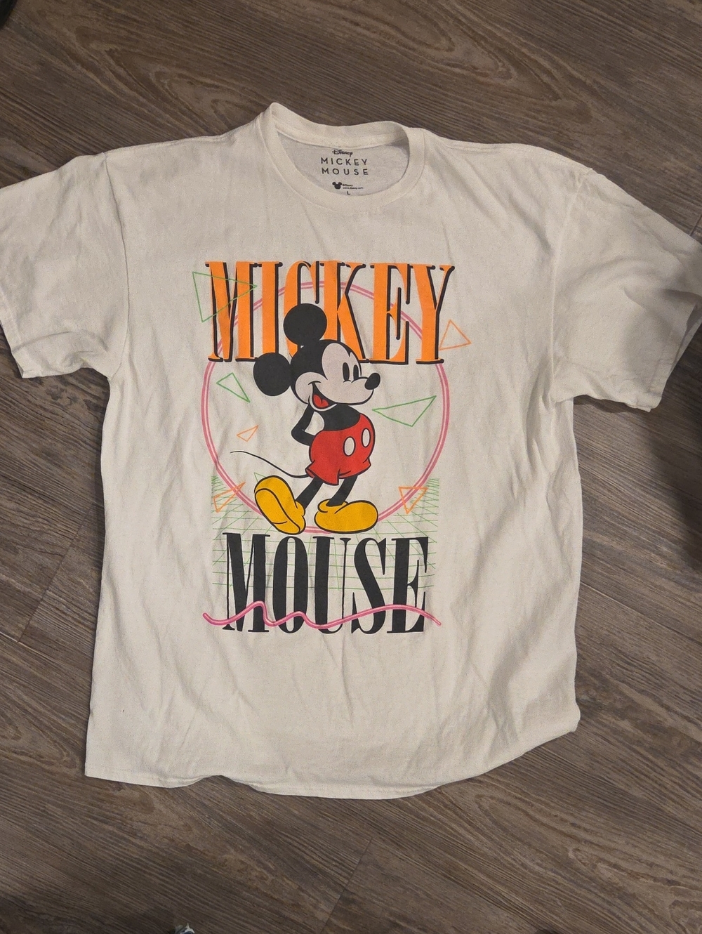 Disney Mickey Mouse White T-Shirt with Red, Yellow, Black and Orange Graphic